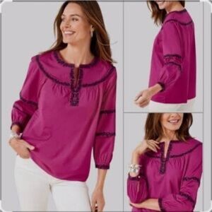 Talbots Petite Fuchsia Blouse with Black Embroidery Boho Casual Balloon Sleeve